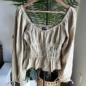 Off the Shoulder Long Sleeve Beige Peasant Top XL Smocked Boho Cottagecore